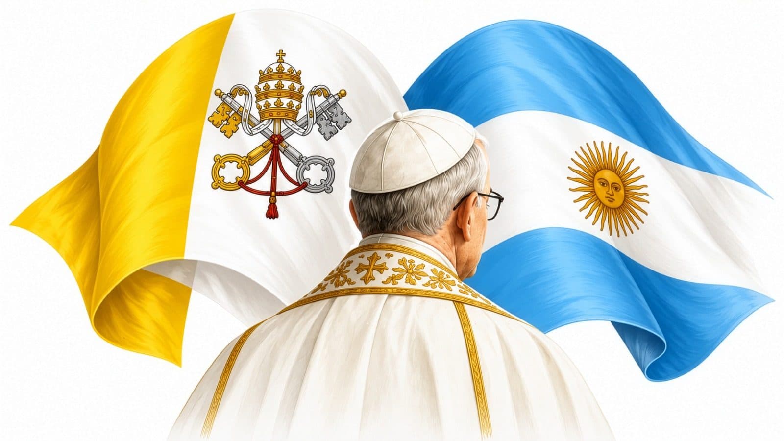 O Papa de costas entre as bandeiras do Vaticano e da Argentina, arte do rótulo