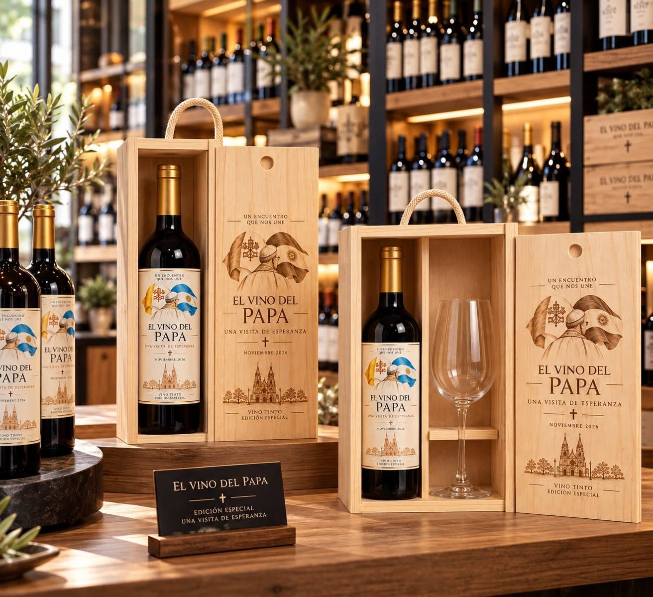 Garrafas e caixas El Vino del Papa em vitrine